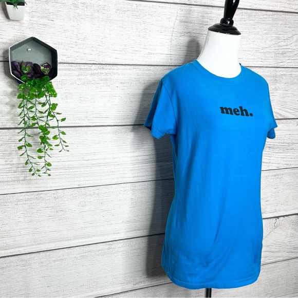 Meh. Electric Blue Funny Short Sleeve T-Shirt Women’s Size Large - Picture 3 of 6